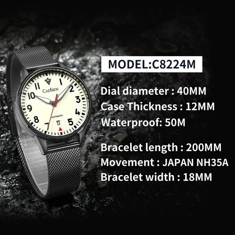 Cadisen-自動腕時計,発光,ステンレス鋼,サファイア,防水,メッシュベルト付き,メカニカル,nh35a