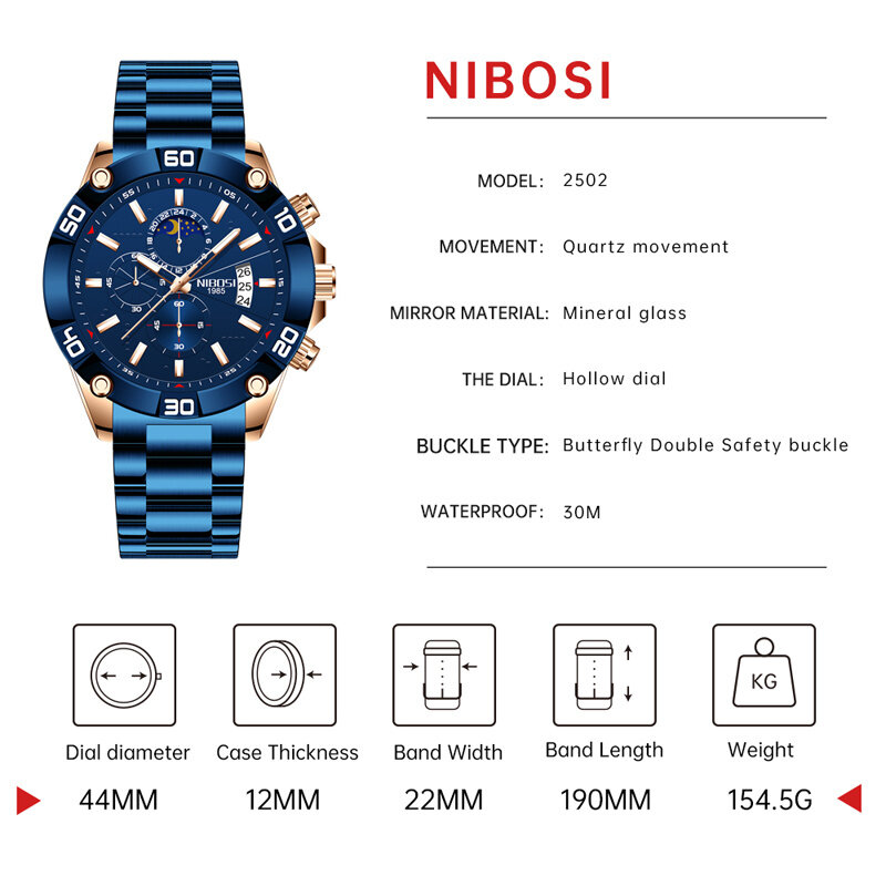 Nibosi นาฬิกาแฟชั่นสำหรับผู้ชาย, นาฬิกาควอทซ์ดั้งเดิมสุดหรูคลาสสิคนาฬิกาอนาล็อกนาฬิกาข้อมือเหล็กสีทองกันน้ำกีฬา