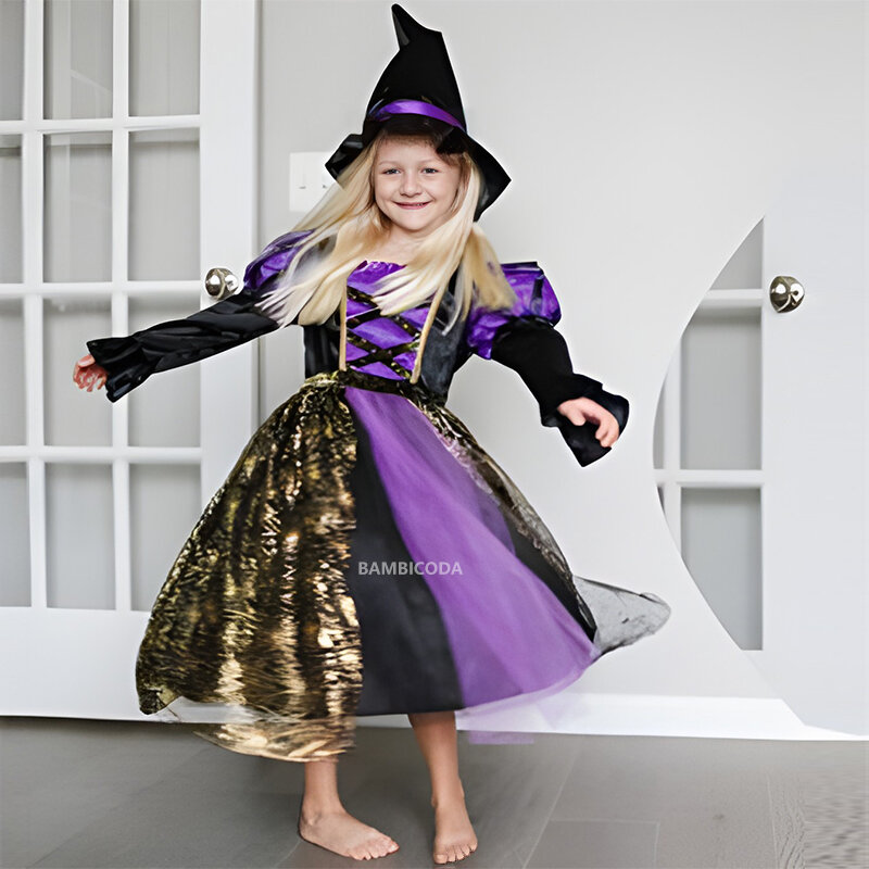 Halloween dzieci dziewczyny czarownica sukienka gotycka kostium ducha dzieci suknia szata Tutu sukienka kapelusz wiedźmy na Purim Carnival Party