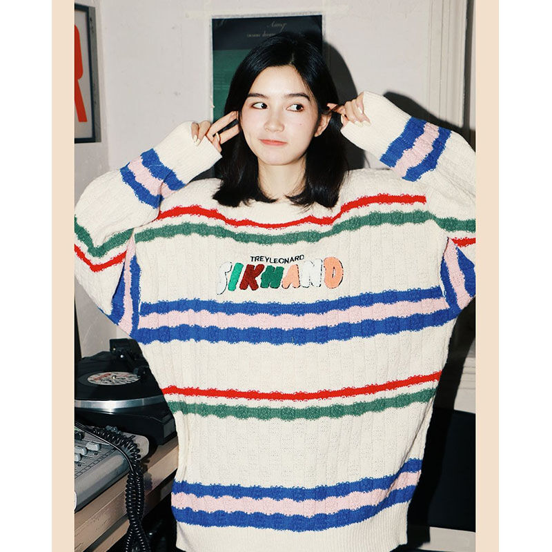 Letter Embroidery Sweater Women Street Vintage Striped Crewneck Sweaters Pullover Loose Casual Sweater Long Sleeve Top Clothes