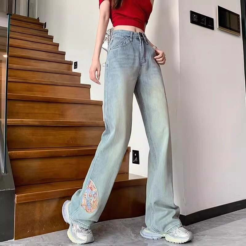 Embroidery Jeans Women New Chinese Style Spring High-waisted Full Length Thin Straight High Street Versatile Denim Pants Female