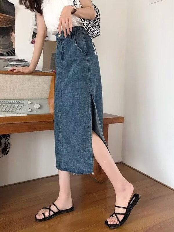 Einfache Röcke Frauen Herbst europäischen Stil Seitens chlitz hoch taillierte elegante All-Match-Streetwear Harajuku solide Mid-Calf Faldas neu
