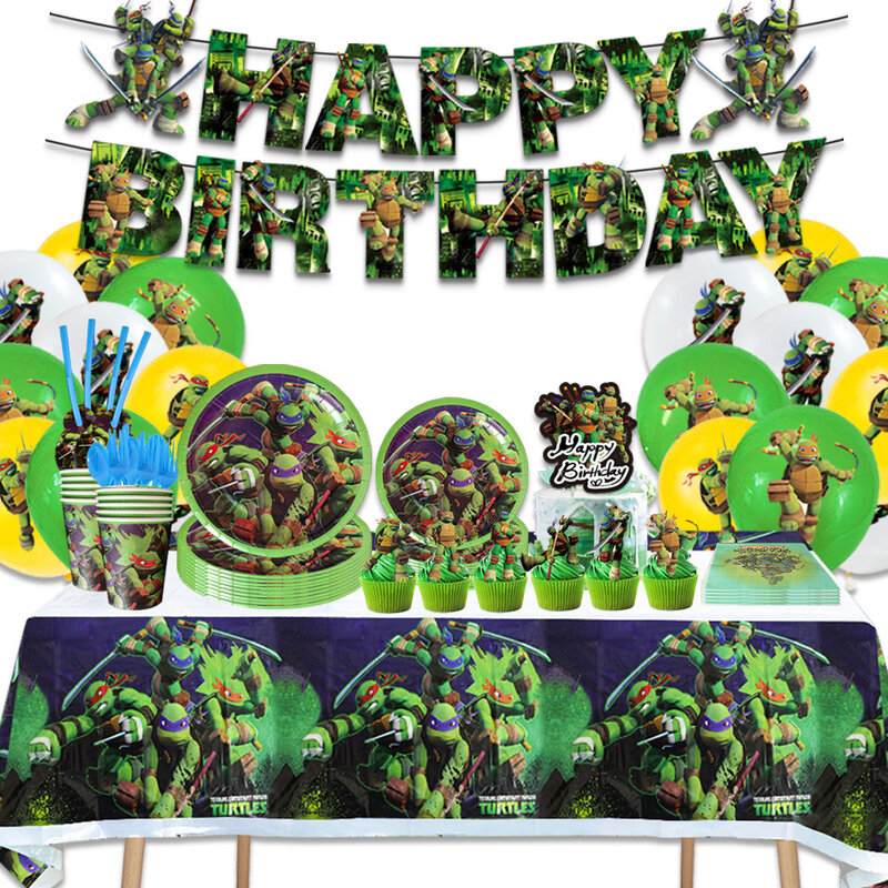 Perlengkapan dekorasi pesta ulang tahun kura-kura Ninja mutan remaja taplak meja sekali pakai Balon angka panji dekorasi DIY