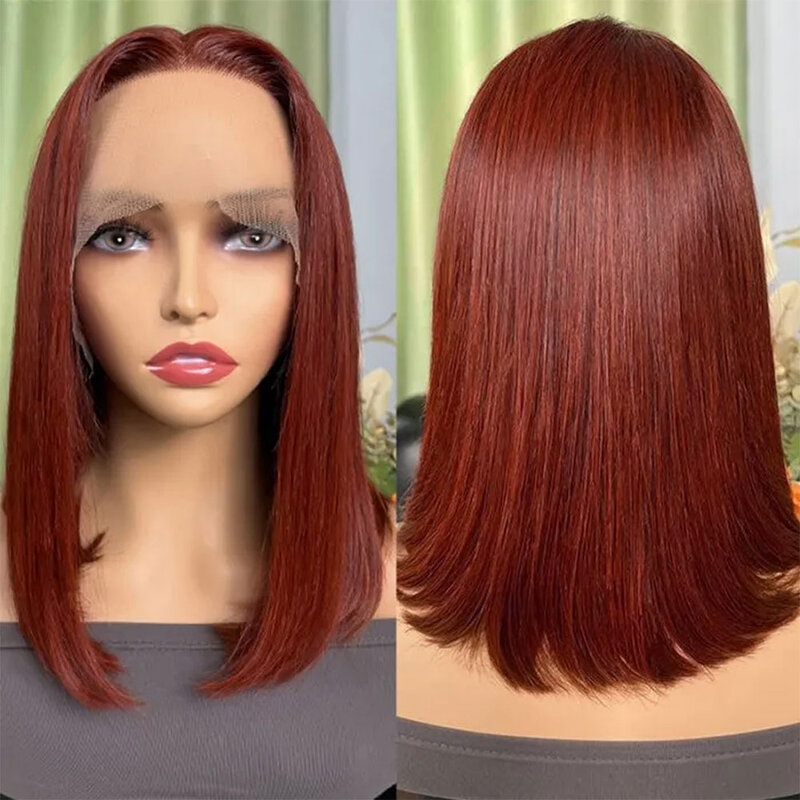 Perruque Bob courte droite pour femme, cheveux humains, devant en dentelle transparente HD, brun plonger âtre, densité 100%, 180%