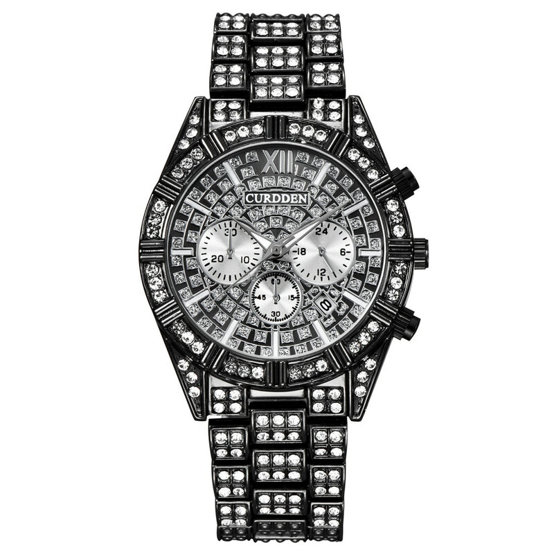 Relógio de pulso masculino com diamantes completos, relógio de pulso calendário, relógios masculinos de negócios, Top Luxury Fashion