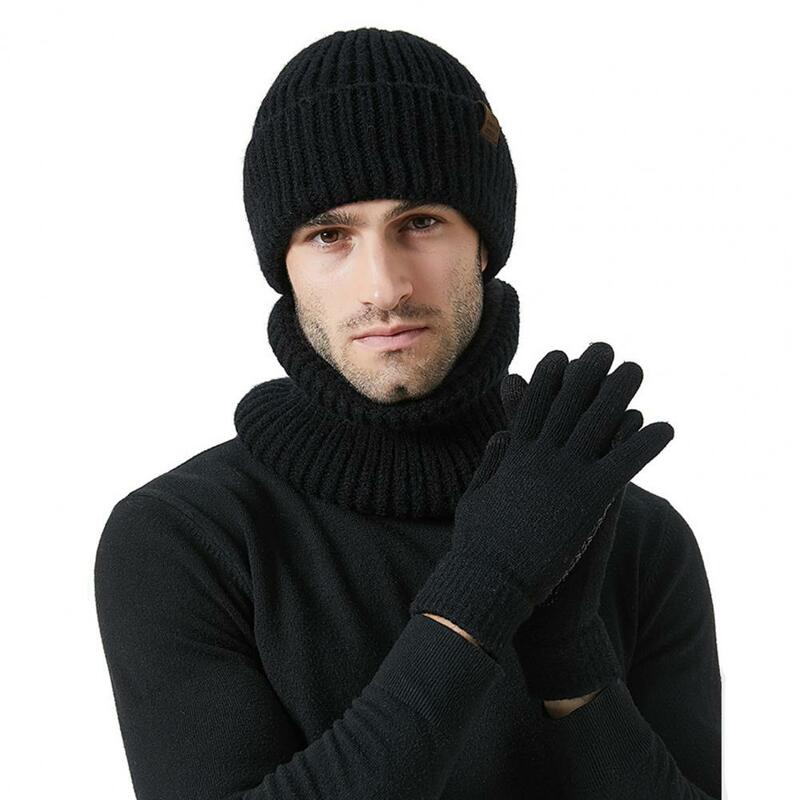 Hat Scarf Gloves Set 3pcs Unisex Winter Beanie Hat Long Scarf Touch Screen Gloves Set Solid Color Knit Neck Warmer for Men