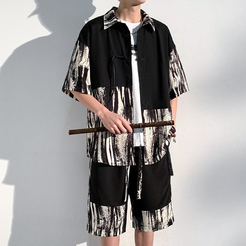 Camisa y pantalones cortos de manga corta con solapa de tela de seda de hielo Inky para hombre, 2 piezas