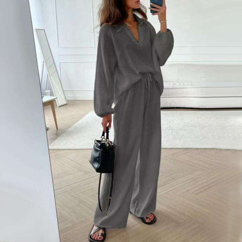 Top Pants Suit Women's V Neck Top Pants Set With Drawstring Waist 2 Piece Outfit For Wear Loose Breathable Solid Color Suit