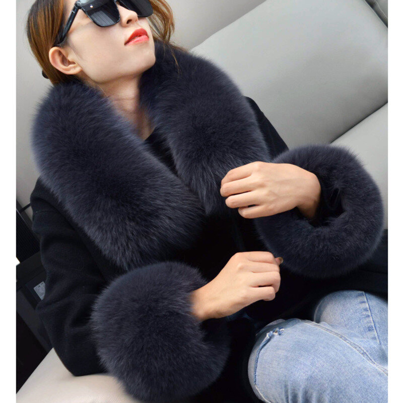 Conjunto de punhos e colarinho de pele Fox real para mulheres, casaco de inverno, capuz, cachecol de pele natural, preto, braço, pulso, mangas, luxo