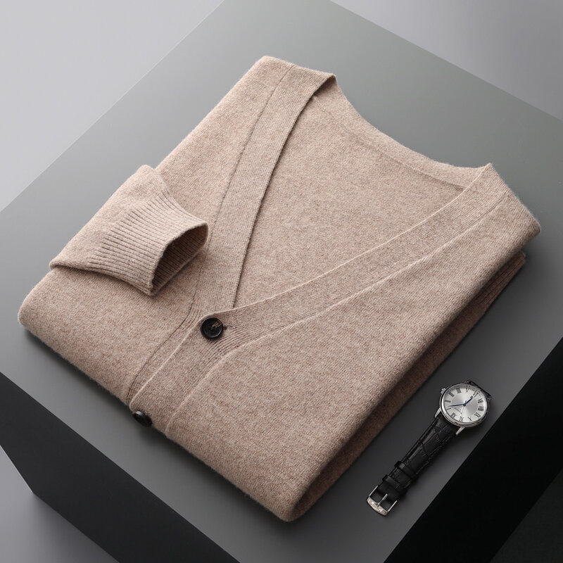100% мериносовая шерсть мужской кардиган кашемировый свитер осень и зима новое вязаное пальто однотонное высококачественное пальто с длинным рукавом