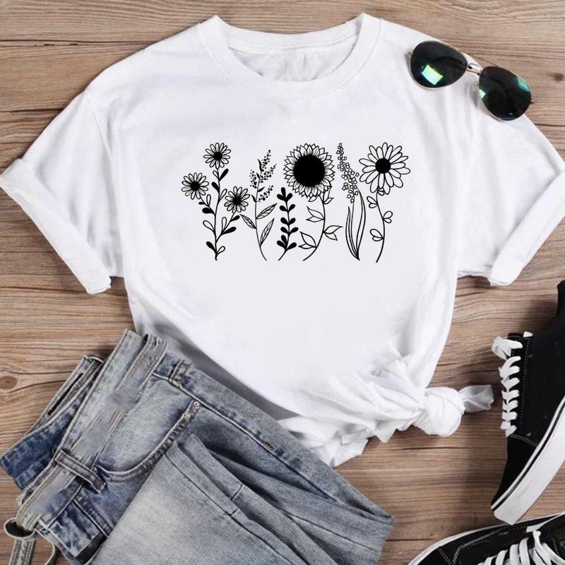 Camiseta gráfica de manga curta feminina, camiseta feminina, estampado com flores dos desenhos animados, aquarela, primavera, verão, moda, 2022