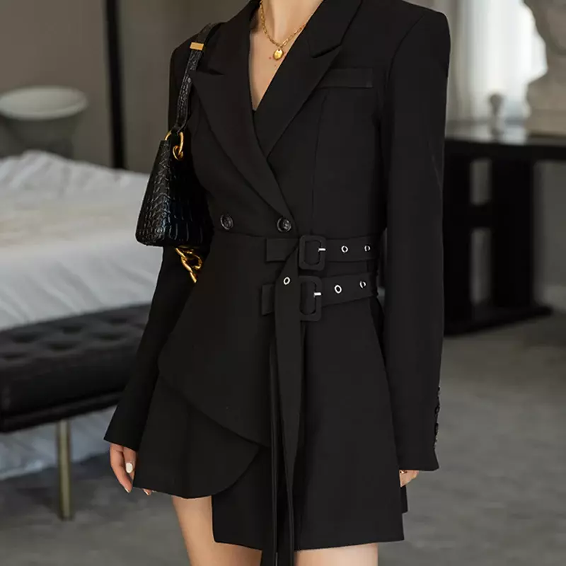 Blazer-minivestido de fiesta para mujer, elegante, con cinturón coreano, manga larga, 2022
