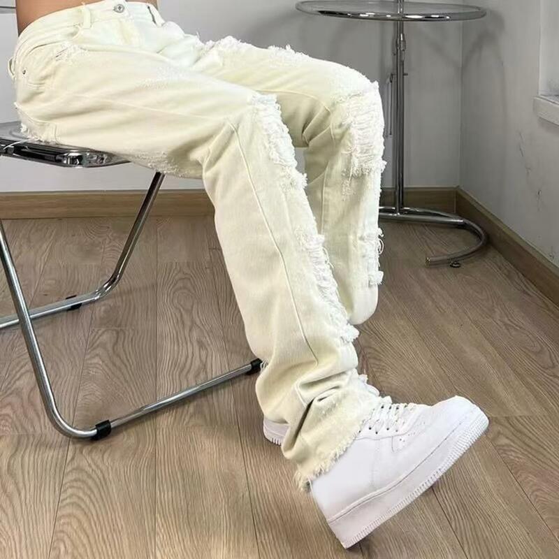 Mid Waist Jeans Men Jeans Stylish Men's Ripped Jeans Solid Color Mid Waist Breathable Fabric for Hip Hop Streetwear Casual