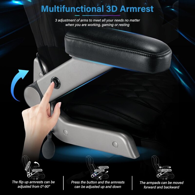 Office Chair - Adjustable Waist Support 3D Flip Arm Heavy Metal Base and Wheels, Thick Padded Ergonomic Design
