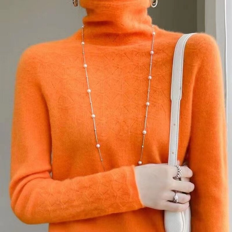100% Merino wełniany sweter zimowy na szyję z jednolity kolor, długi rękawem kaszmirowy sweter damski bez szwu dziany sweter z dzianiny