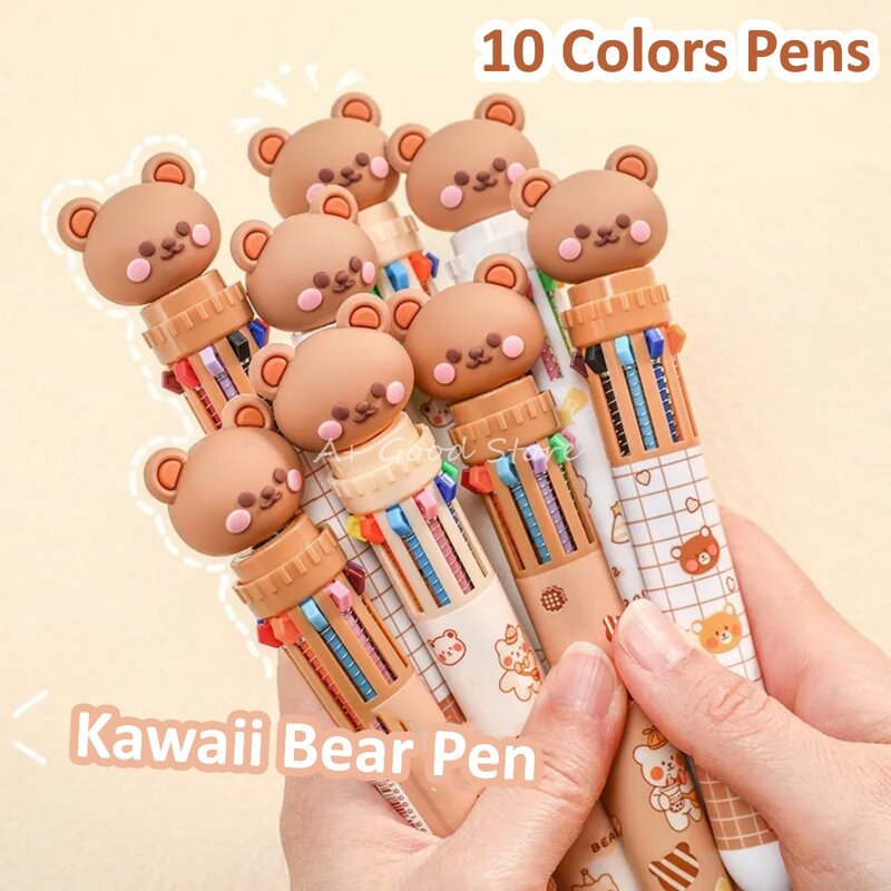 Шариковые ручки с милым медведем, 10 цветов, творческая мультяшная ручка с прессом, разноцветные гелевые ручки, рождественский подарок
