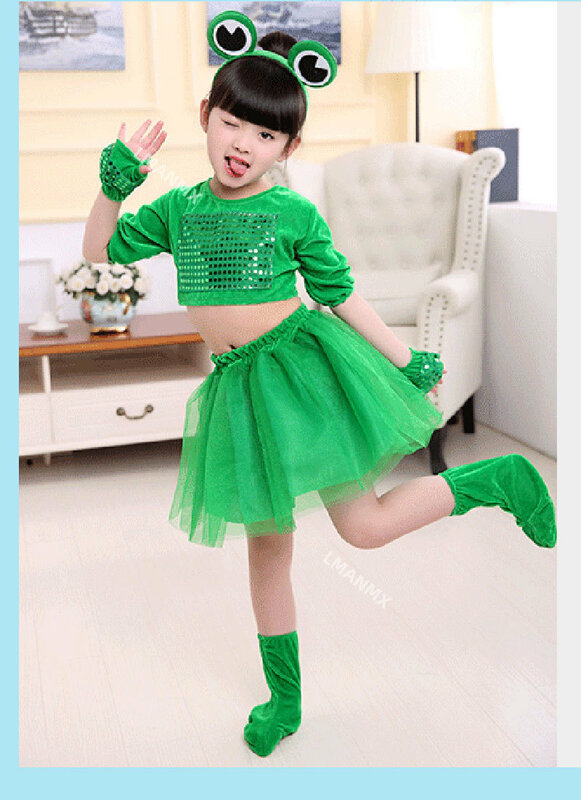 Vestido de balé verde para meninas, trajes infantis de dança jazz, performance de sapo animal