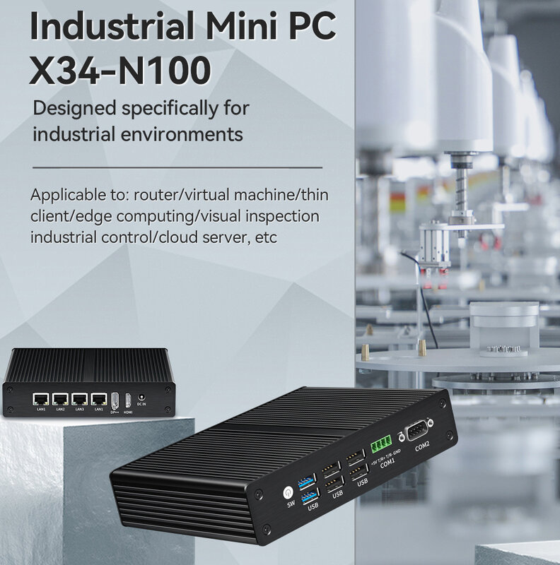 Mini PC industrial sin ventilador, procesador Intel N100 4x2,5G Ethernet i225V RS485 RS232 6x USB WiFi Firewall Router Windows Linux
