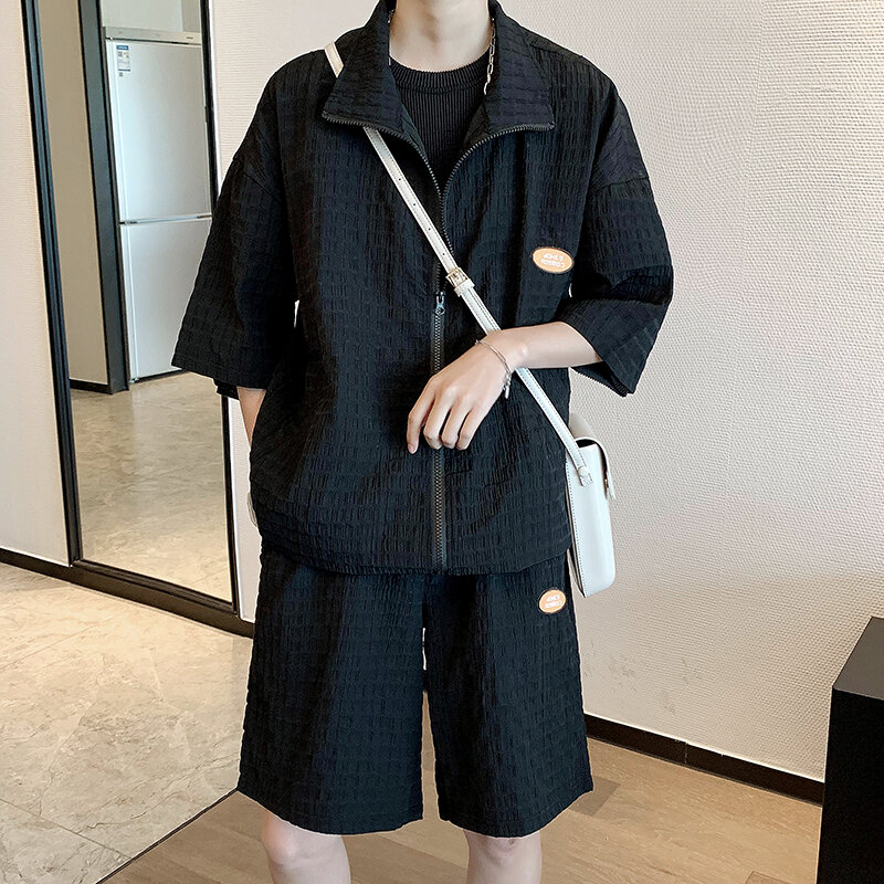 Setelan Pria Musim Panas Jaket Lengan Pendek Warna Solid + Setelan Celana Pendek untuk Pria Setelan 2 Potong Kasual Pria