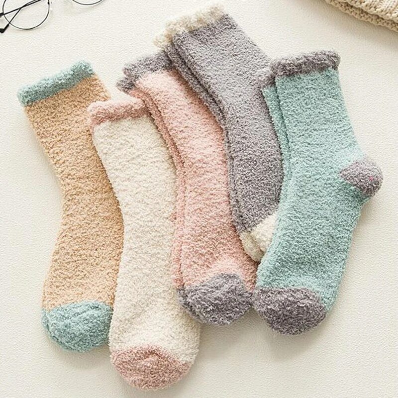 Women's Bed Socks Pure Color Fluffy Warm Winter Christmas Gift Soft Floor Home Candy Color Coral Fleece Autumn Velvet Socks 2024