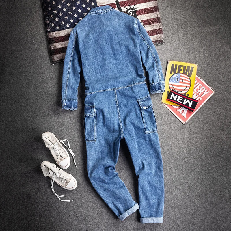 Japan and South Korea fashion tooling denim one-piece overalls men's fall/winter suit loose casual all-in-one work clothes