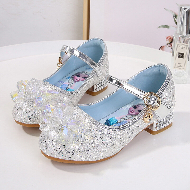 Elsa Girls High Heels Shoes New Little Girl Crystal Leather Shoes Children's Princess Shoes Large Children's Walking Party Show