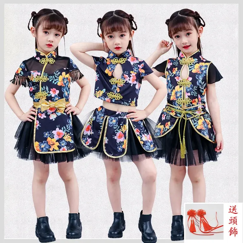 Vintage Kinderdanskostuum Cheongsam Chinese Stijl Peuter Meisjes Jazz Danskleding Catwalk Fluffy Rok Kleding