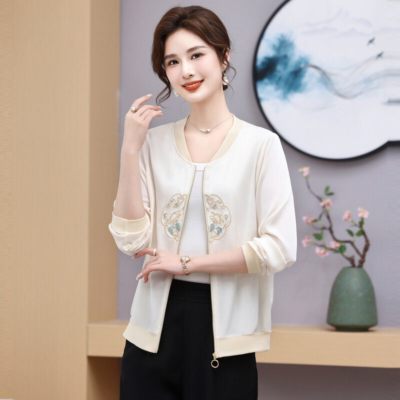 Women thin Jackets Spring Summer Long Sleeve Zipper embroidery Bomber Jacket Casual Pocket Slim Female Fashion Outwears
