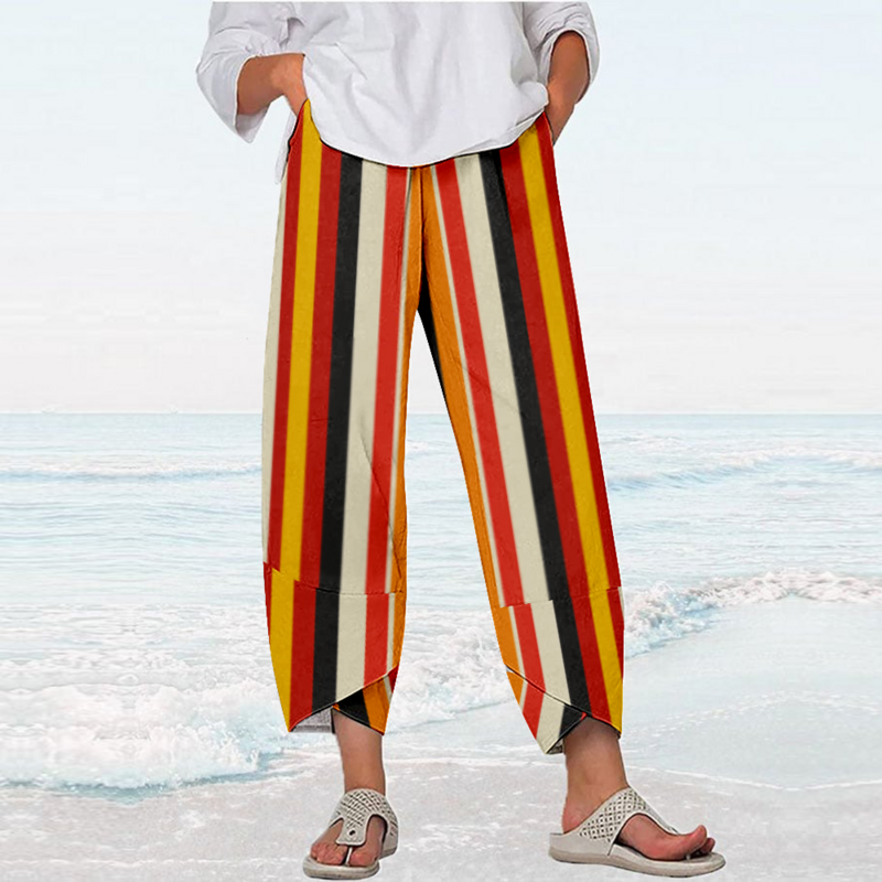 กางเกงลายทางสำหรับฤดูร้อนเสื้อผ้า Y2k ลายกราฟิกสตรีทแวร์กางเกงชายหาดของผู้หญิงกางเกงวิ่งคาปรีทรงหลวมกางเกงวอร์มสุดหรู