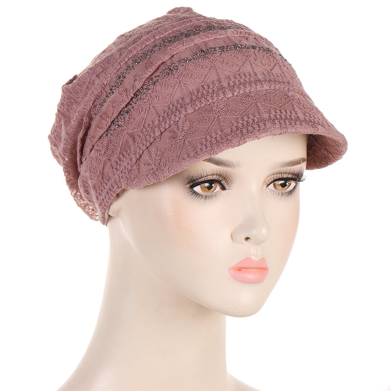2023 New Lace Rhinestone Turban Visor Cap For Women Plain Brim Hats Stretch Chemo Hair Loss Head Wrap Beanie Casual Headwear Hat
