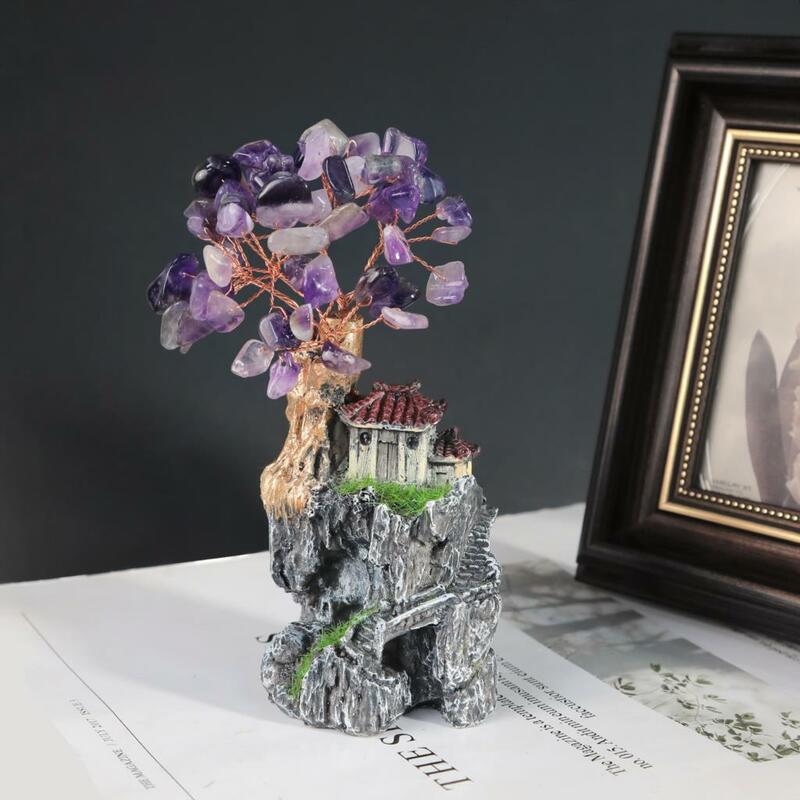 Mini Resin House Natural Crystal Stone Tree Micro Landscape For Home Decoration Desktop Ornaments
