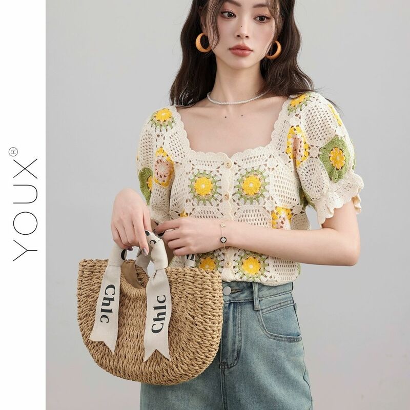 Camicie lavorate a maglia scavate colletto quadrato francese stampa donna Vitality Summer Vintage Beach Holiday Streetwear Casual All-Match Ins