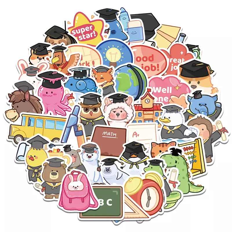 Autocollants décoratifs d'animaux de dessin animé Kawaii, autocollants de récompense de remise des diplômes, récompense d'enseignant, encouragement des enfants, scrapbooking, 50 pièces