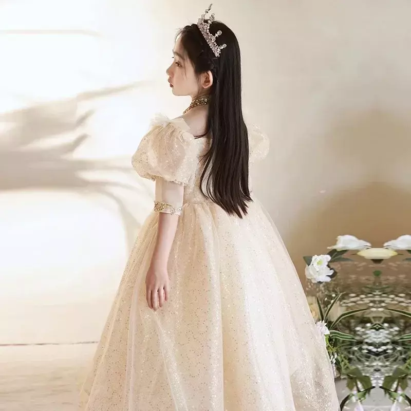 Flower Girl Dress 2024 Spring New Long sleeved Fluffy Yarn Walk Show Host Piano Performance Dress