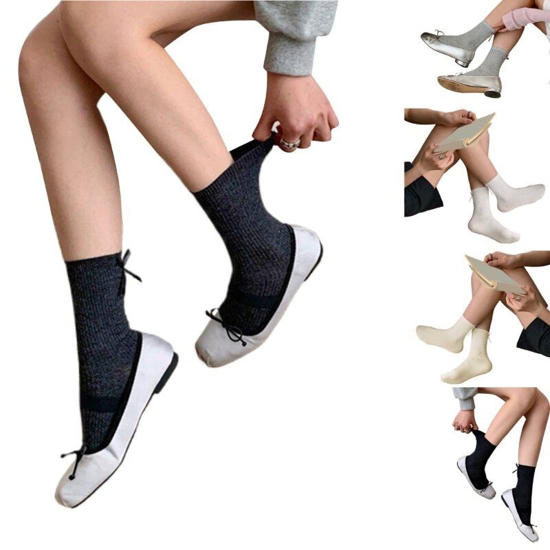 Damen- und Mädchen-Socken japanischen Stil, elegante einfarbige Crew-Socken, niedliche Schleife hinten, Mittelrohr, gerippte,