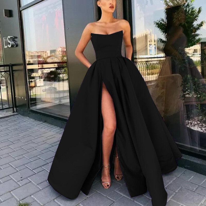 Women's new body shaping costume, sexy tube top split long, banquet solid color host evening dress.