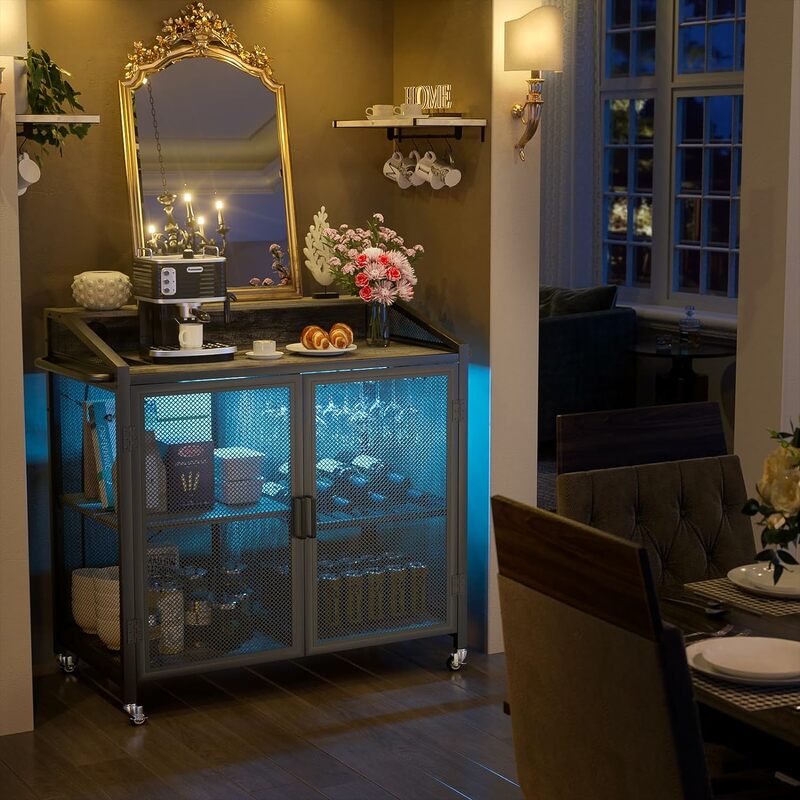 Buffet de bar à vin avec cadre métallique moderne, prise de courant, armoire à LED, 2 portes, 2 portes de proximité, buffet cyclsio