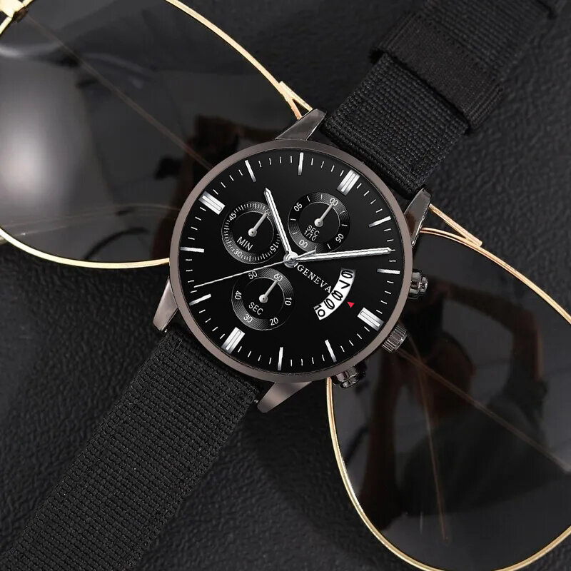 Conjunto de colar e pulseira preta casual masculina, relógios de negócios, pulseira de nylon, relógio de quartzo, moda, 3 peças