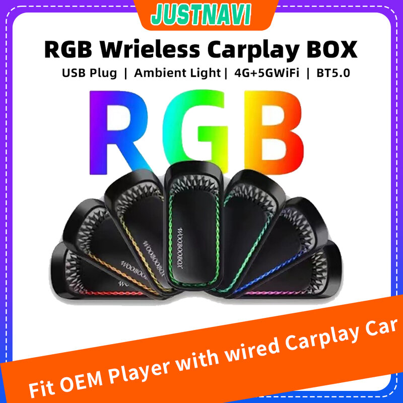 JUSTNAVI adaptor nirkabel Carplay warna-warni RGB Smart kotak AI mobil OEM kabel Carplay ke Wireless Carplay USB Dongle MINI Car Play