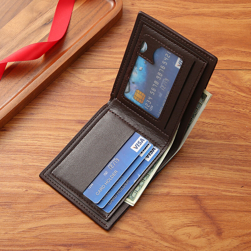 Dompet pendek Pria, dompet koin Multi kartu kasual sederhana kotak-kotak kulit dompet koin bisnis ramping tiga lipat pemegang kartu Horizontal