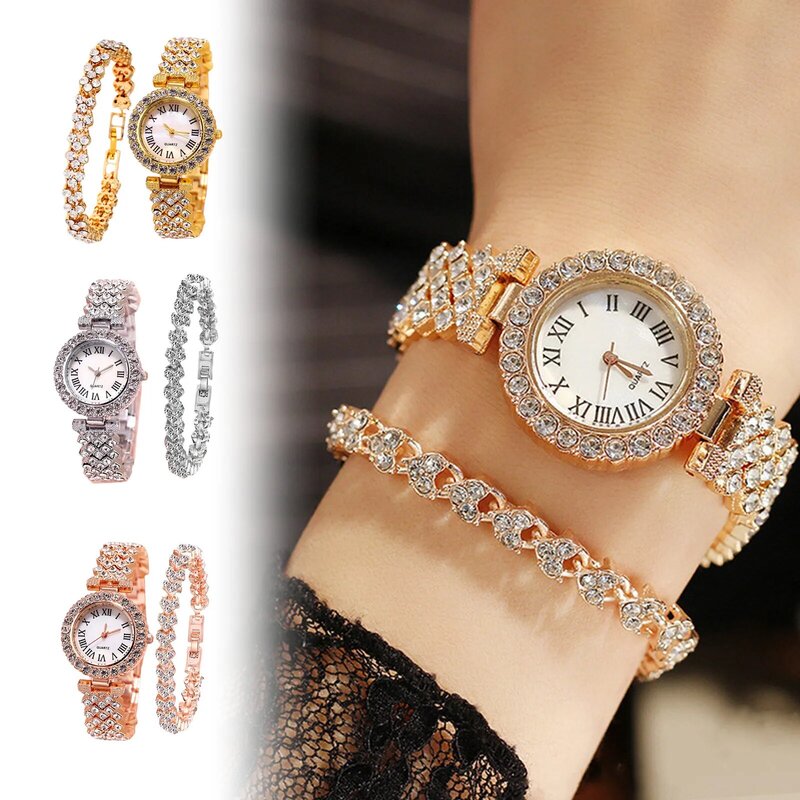 Exqusite-Reloj de lujo con incrustaciones de diamantes para mujer, pulsera de cuarzo con banda de acero, a la moda