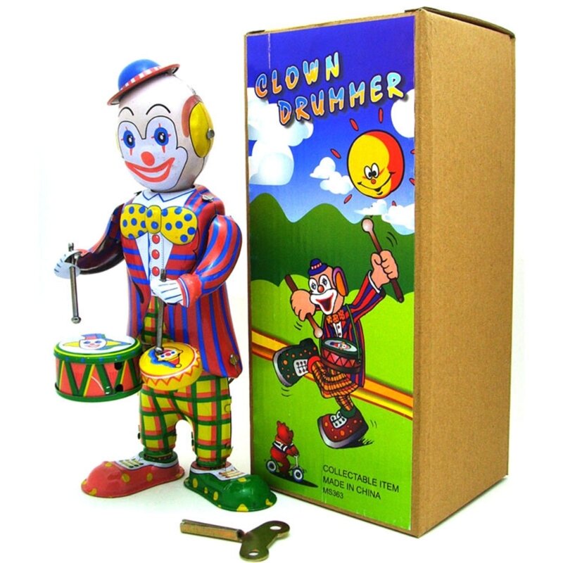 Nostalgic WIND UP Clown กลองของเล่นสำหรับบาร์เดสก์ท็อปอุปกรณ์เสริม Tinplate Circus สไตล์วินเทจ Photo Props DropShipping