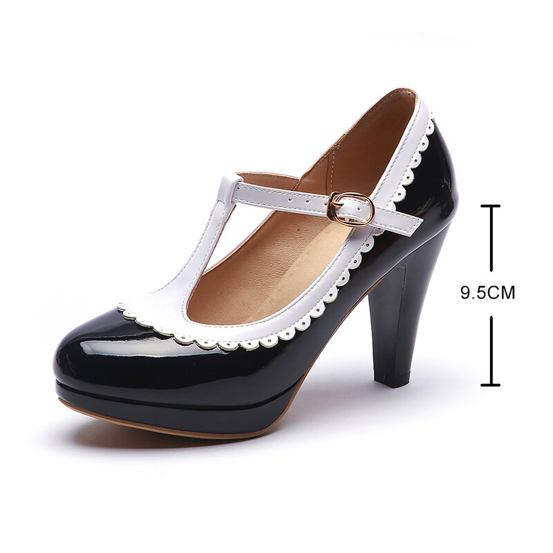 Sepatu Mary Janes Tali T Antik untuk Wanita Hak Tinggi Platform Wanita Pump Kulit Paten Biru Sepatu Wanita Sandalias De Mujer