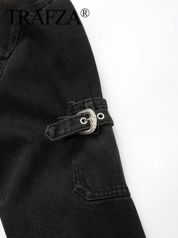 Trafza Mode Jacken für Frauen Frühling schwarz Denim Animal Print Metallband lange Ärmel Revers Vintage kausalen Taschen mantel