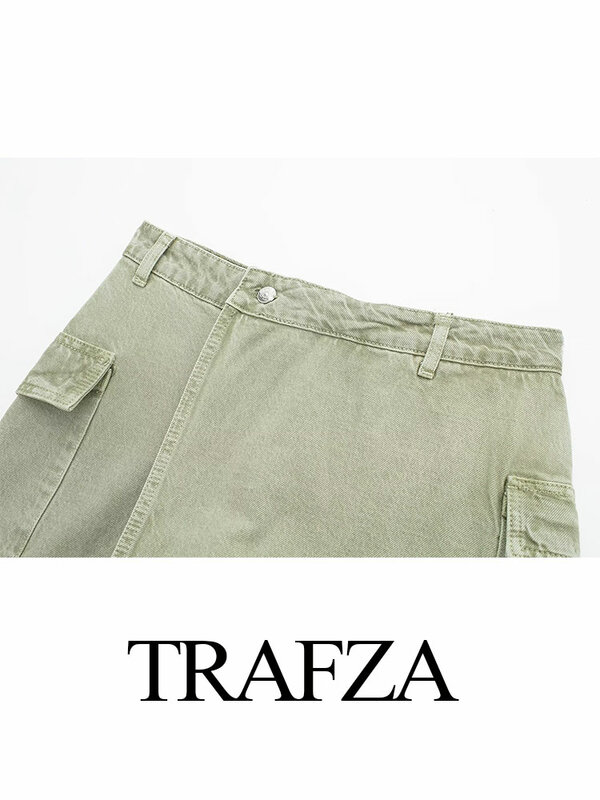 TRAFZA-Culotte en denim vert clair pour femme, coupe trapèze, élégante, vintage, taille moyenne, couleur unie, style rond, décontracté, printemps 2024