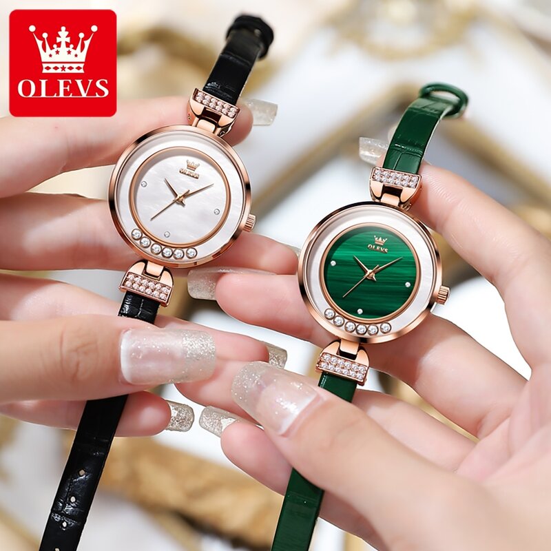 OLEVS Top Brand Women's Watches Fashion Casual Quartz Wristwatch Elegant Green Leather Waterproof Simple Dress Watch for Woman