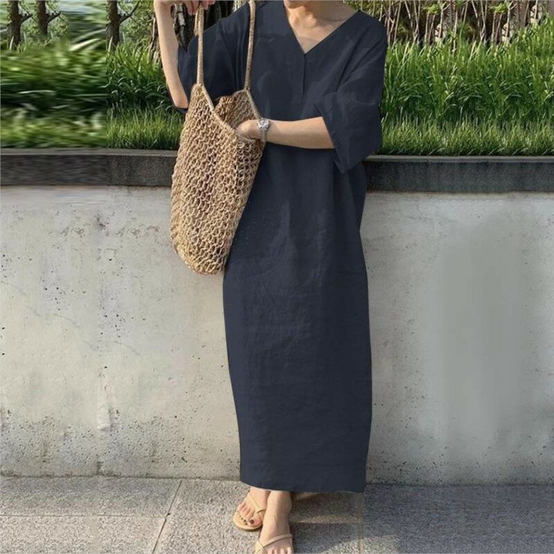 فستان نسائي طويل أنيق برقبة V ، فستان صيفي للعطلات ، أكمام قصيرة ، أحادي اللون ، كاجوال ، مجموعة 2024
