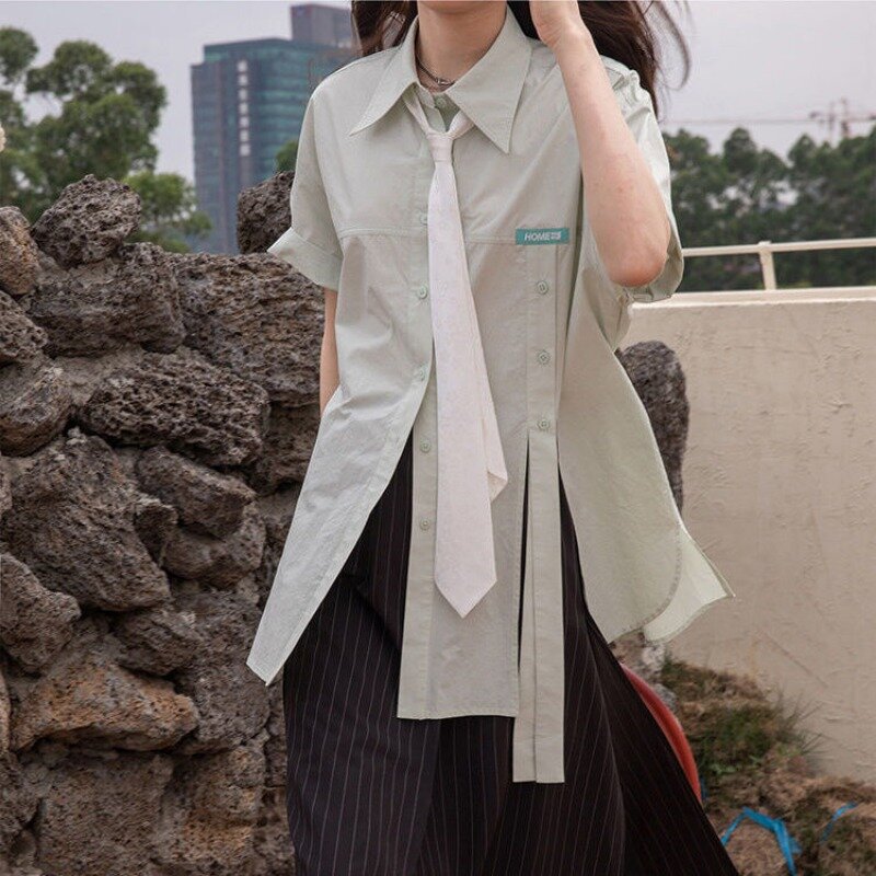 EBAIHUI blus Polo Wanita lengan pendek, blus lengan pendek longgar leher Polo segar musim panas gaya Korea desain terpisah