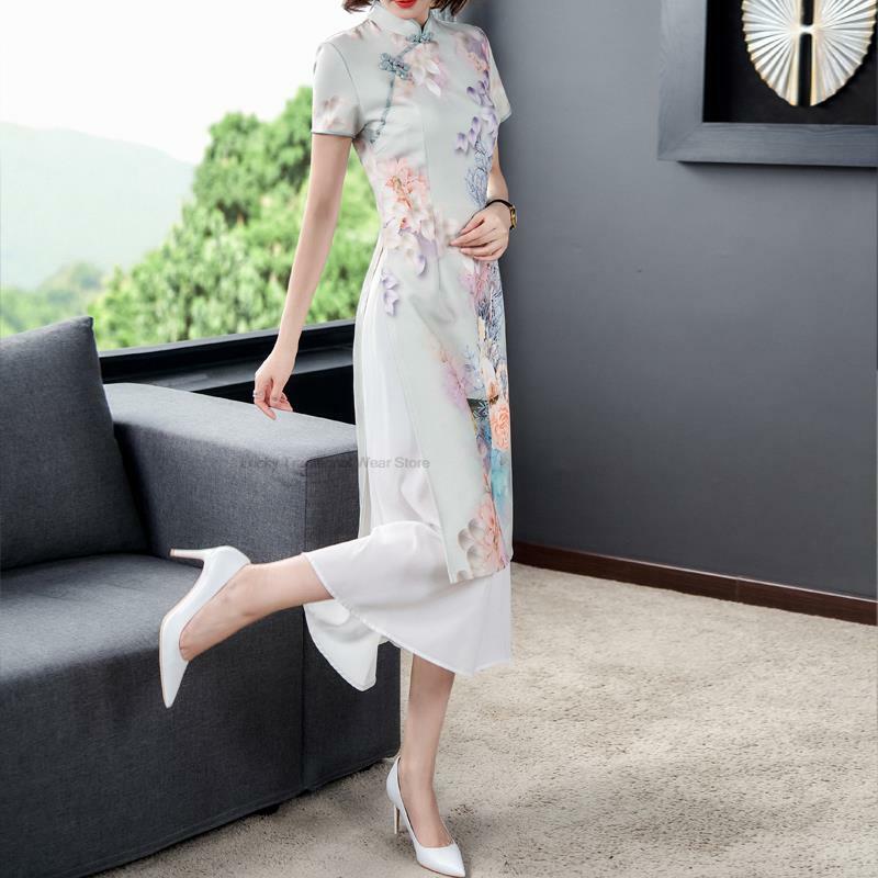 Wietnamski tradycyjny styl Ao Dai Vintage, w kwiaty szyfonowy Cheongsam z krótkim rękawem Retro chiński Qipao wieczorowa suknia ślubna P1