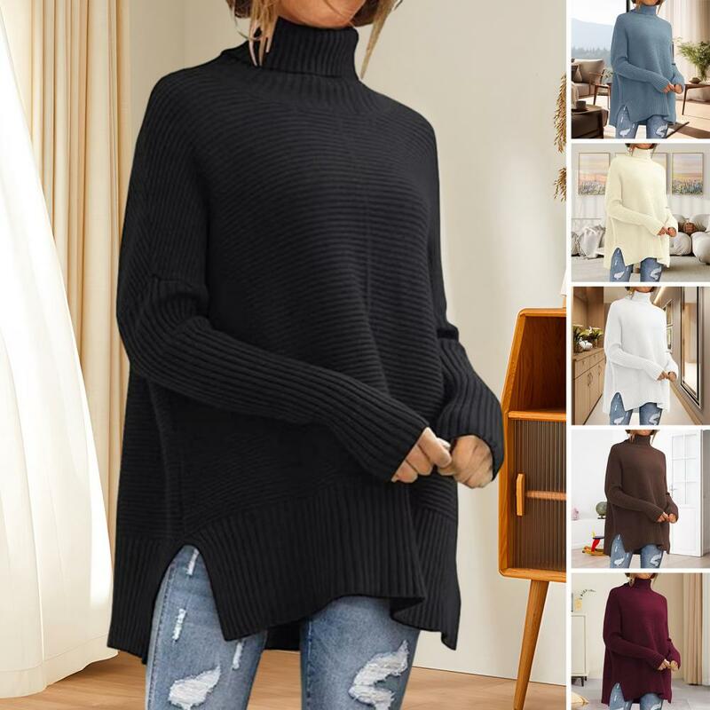 Women Fall Winter Sweater High Collar Split Hem Thick Warm Sweater Soft Elastic Loose Pullover Long Sleeve Lady Sweater